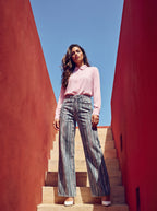 Wide leg azul con textura efecto pintura rosa y azul