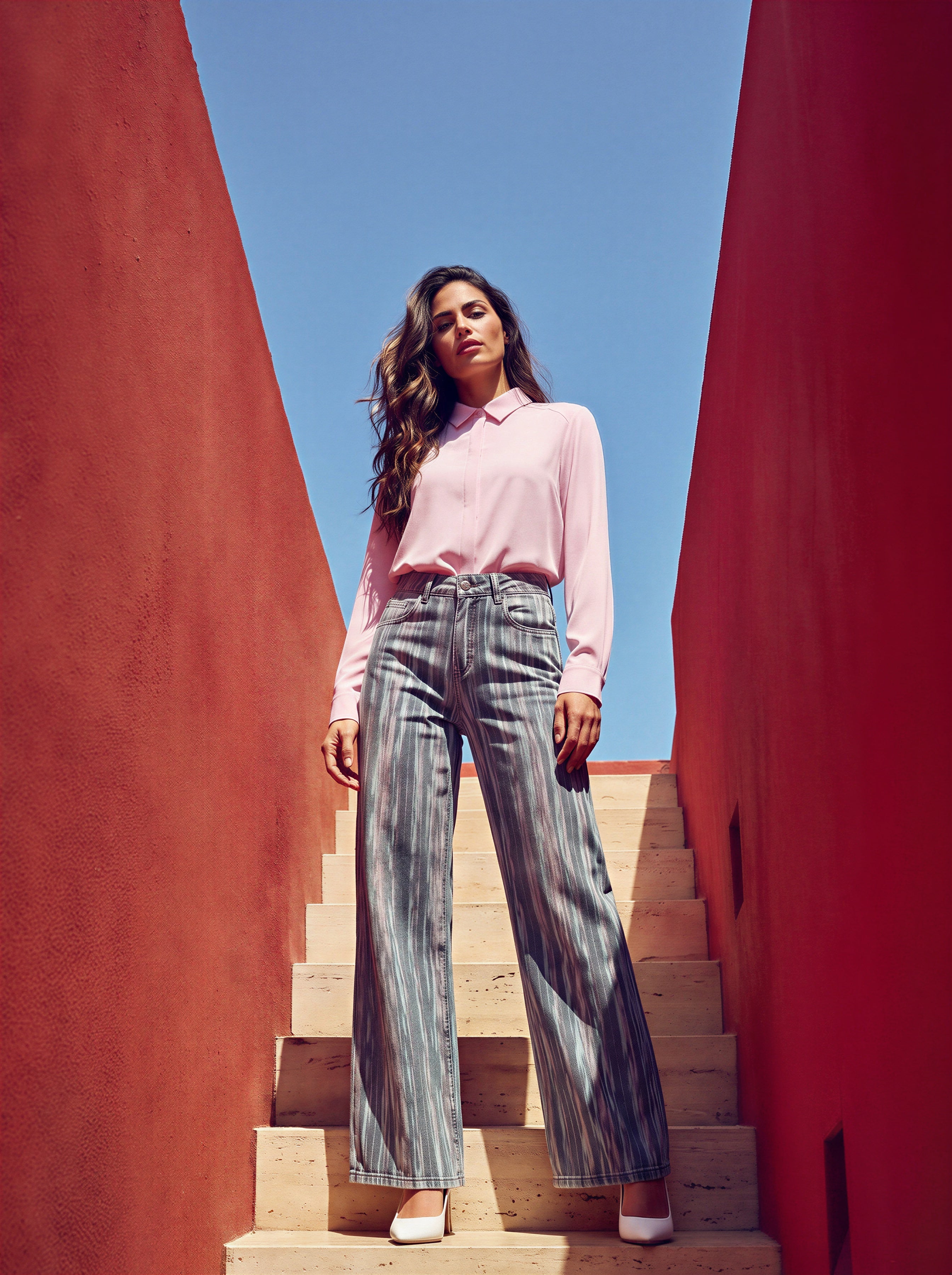 Wide leg azul con textura efecto pintura rosa y azul
