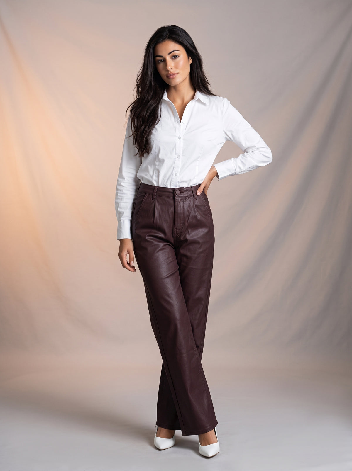 Pantalon Ancho de Piel Sintética Borgoña MON-3458