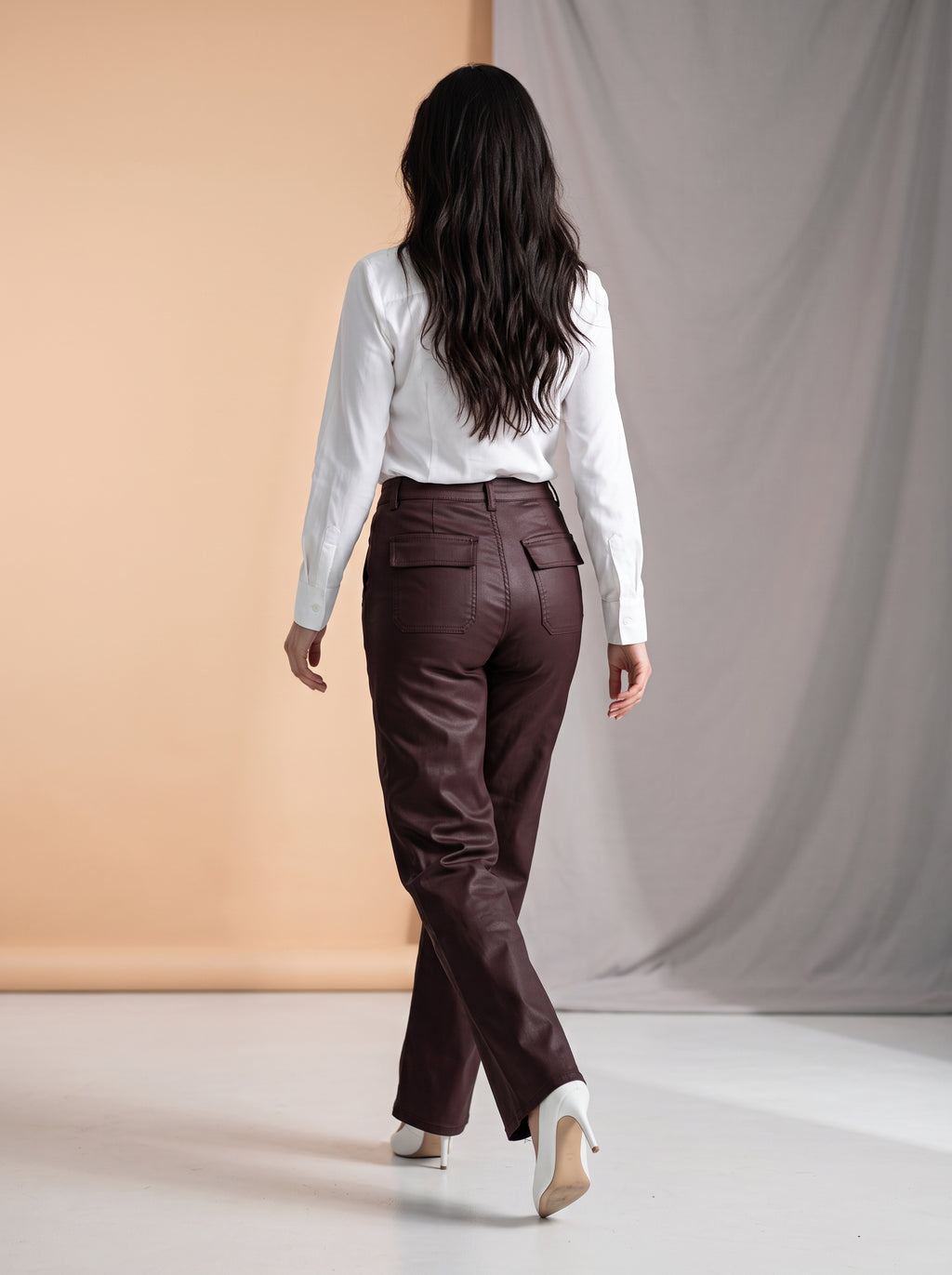 Pantalon Ancho de Piel Sintética Borgoña MON-3458